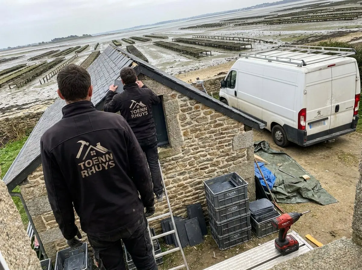 Couvreurs Toenn Rhuys remplaçant des ardoises sur une longère en granit à Sarzeau, parcs à huîtres du golfe du Morbihan à marée basse